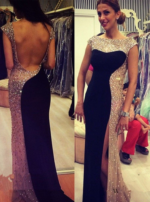 black Prom Dresses,long prom dress,beaded prom Dress,side slit prom dress,cap sleeves evening dress