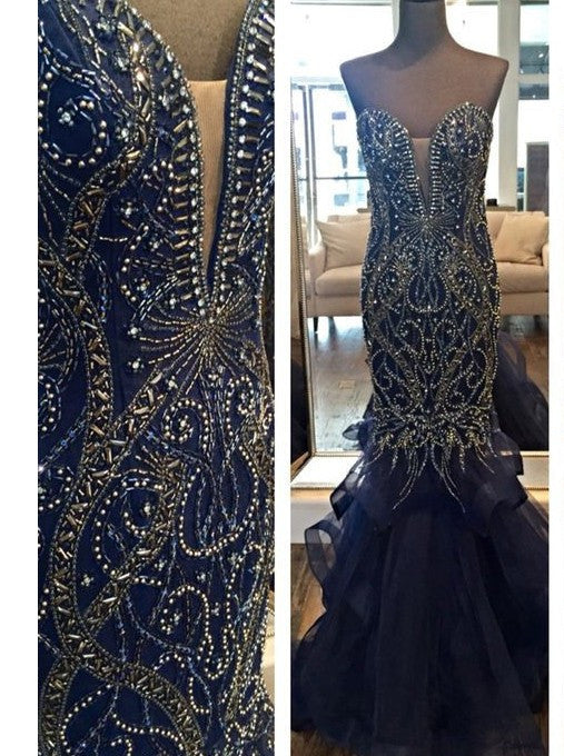 navy blue Prom Dress,Long Prom Dress,mermaid Prom Dress,beaded Prom Dress,gorgeous evening Dress