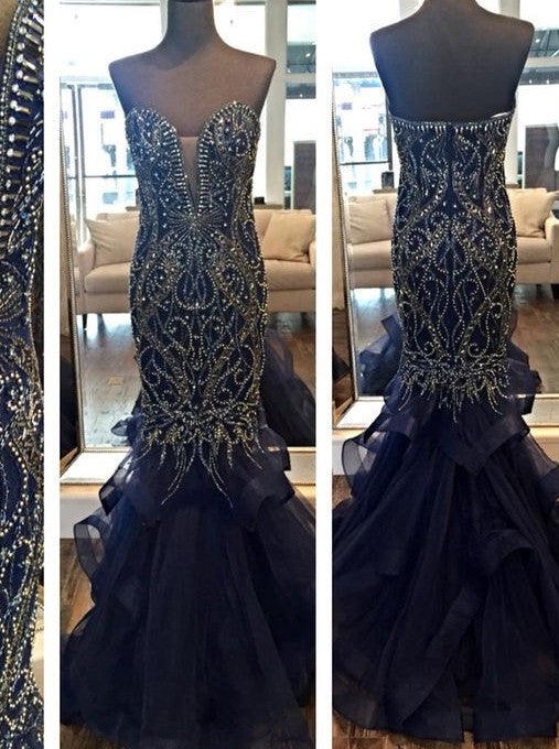 navy blue Prom Dress,Long Prom Dress,mermaid Prom Dress,beaded Prom Dress,gorgeous evening Dress