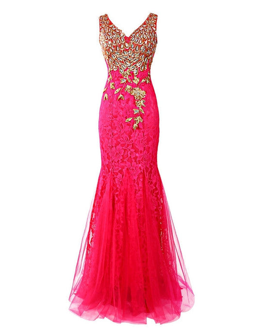 hot pink Prom Dresses mermaid prom Dress,lace prom dress,charming evening dress
