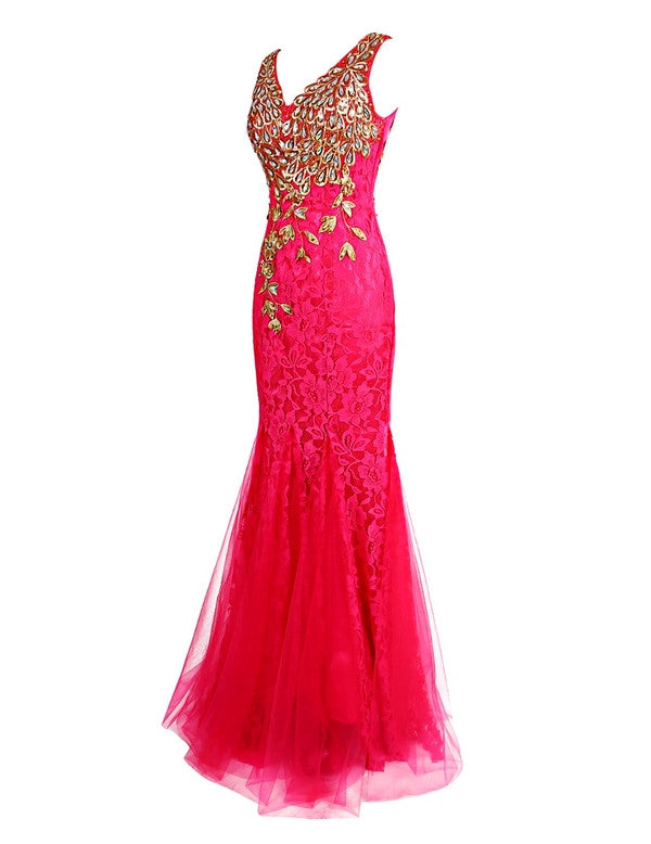 hot pink Prom Dresses mermaid prom Dress,lace prom dress,charming evening dress