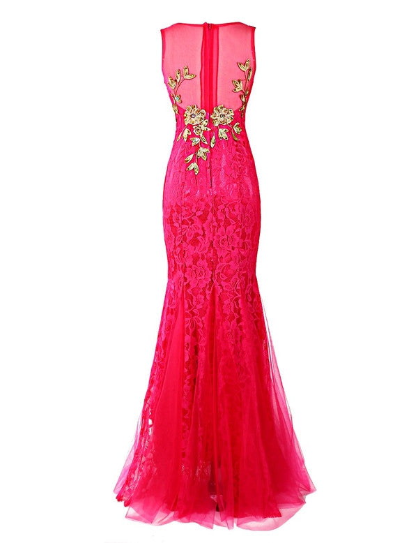 hot pink Prom Dresses mermaid prom Dress,lace prom dress,charming evening dress