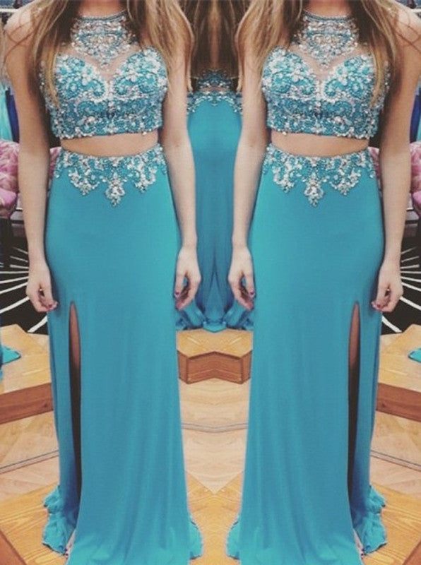 two pieces evening Dress,blue Prom Dress,beaded prom dress,long prom dress,side slit evening dress