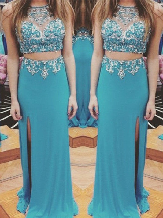 two pieces evening Dress,blue Prom Dress,beaded prom dress,long prom dress,side slit evening dress