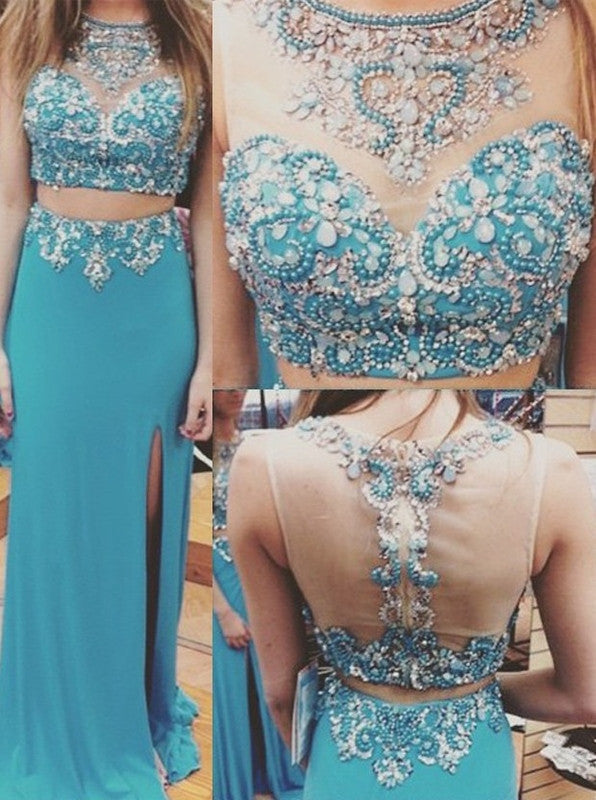 two pieces evening Dress,blue Prom Dress,beaded prom dress,long prom dress,side slit evening dress
