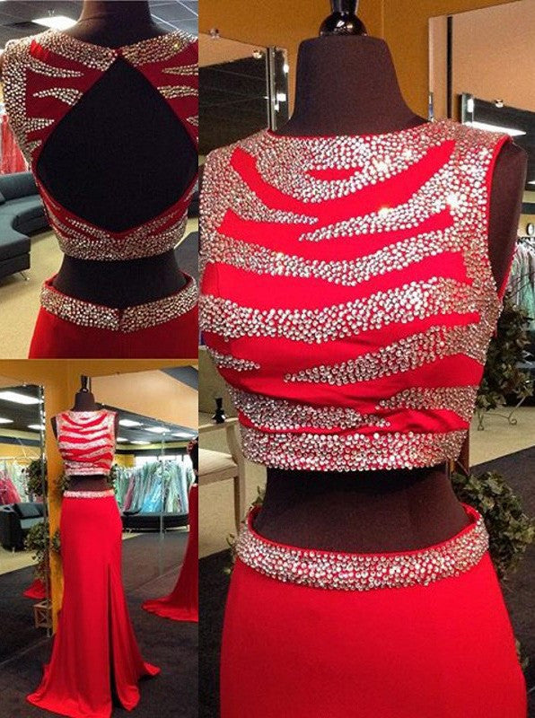 two pieces Prom Dress,red prom dress,beaded prom dress,side slit prom dress,open back prom dress