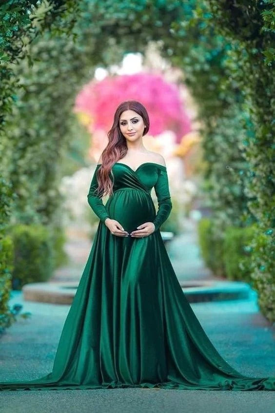 Velvet Maternity Gown ,Green Prom Dresses Custom Color / US18