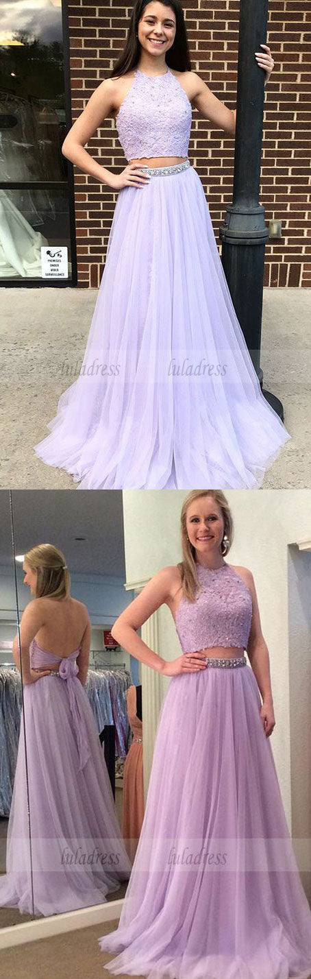 Two Piece Halter Backless Sweep Train Lavender Prom Dress with Lace Beading