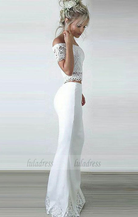 Two Piece Off-the-Shoulder Short Sleeves Floor-Length White Prom Dress with Lace