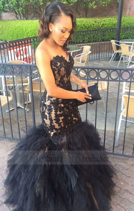 Sweetheart Lace Appliques Mermaid Black Sleeveless Tulle Ruffles Puffy Prom Dress