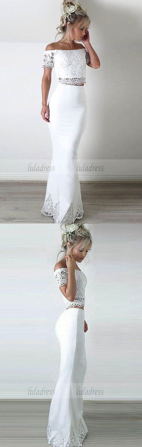 Two Piece Off-the-Shoulder Short Sleeves Floor-Length White Prom Dress with Lace