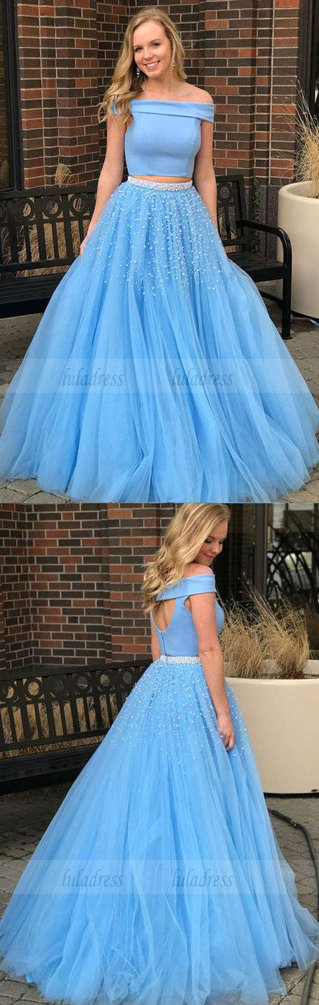 Two Piece Prom Dress Tulle Off The Shoulder Formal Gown With Beading