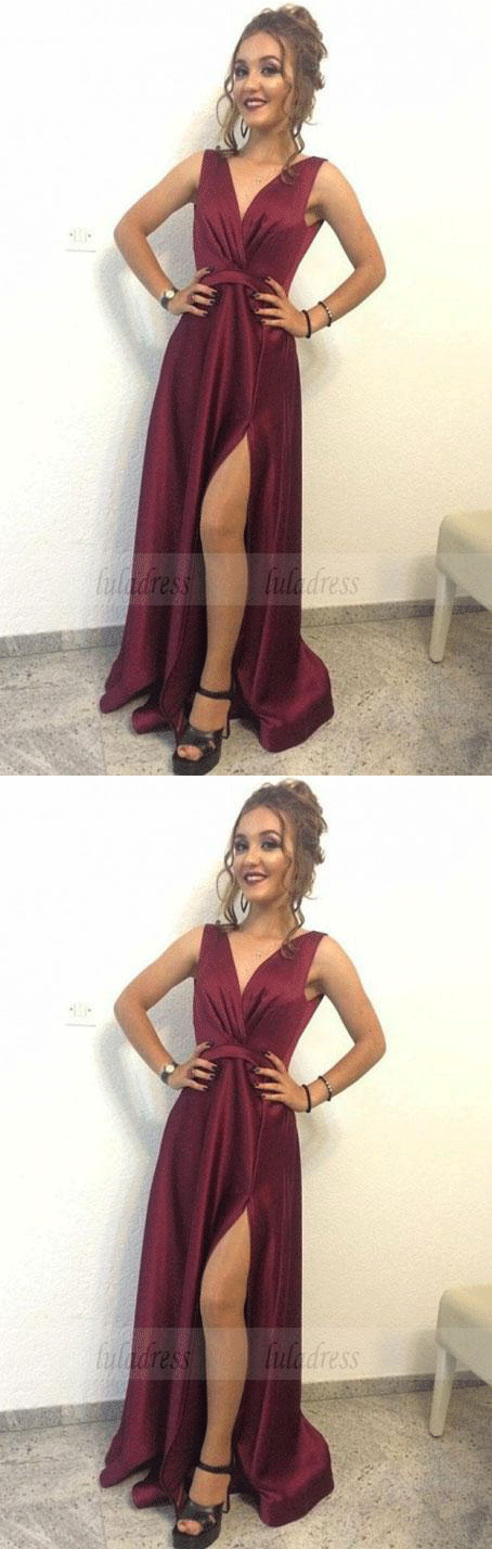 V-Neck Sweep Train  Satin Prom Dress with Split