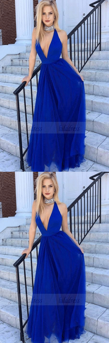 V Neck Prom Dresses Long A-line Evening Dresses Halter Formal Gowns Backless Party Dresses