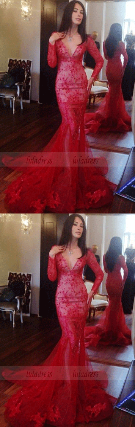 Mermaid Deep V-neck Long Sleeves Sweep Train Red Prom Dress with Lace Beading