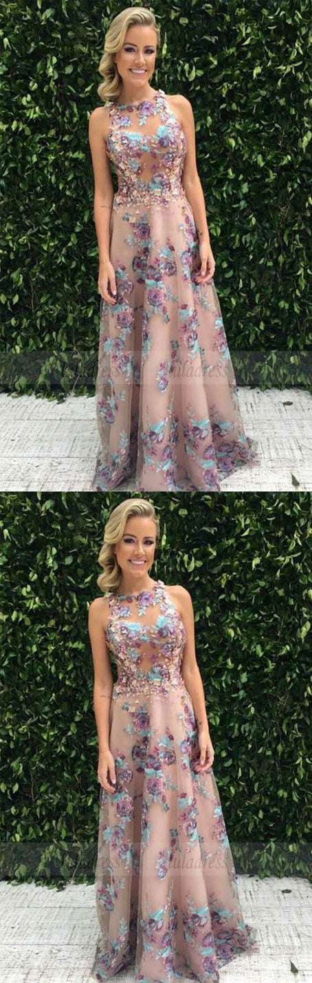 A-Line Jewel Sweep Train Purple Tulle Sleeveless Prom Dress with Appliques