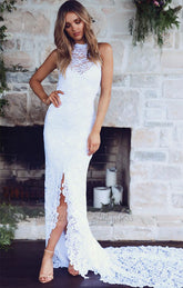 Open Back Summer Beach Bridal Gowns Lace High Neck Sheath Front-Slit Wedding Dresses
