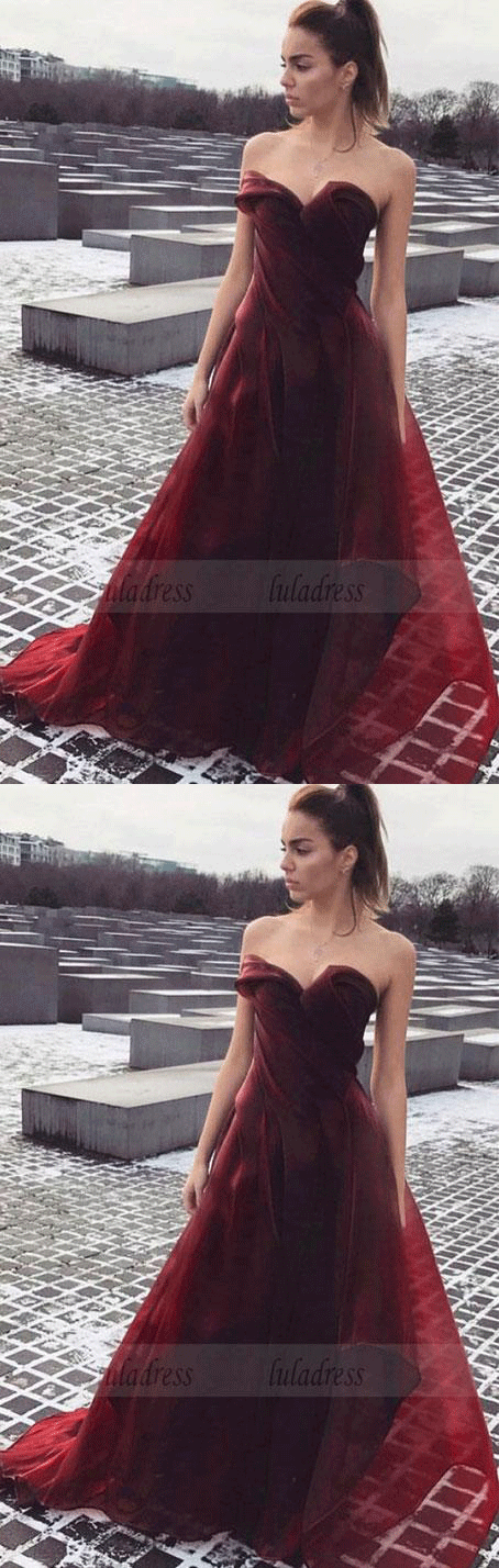 A-Line Sweetheart Sweep Train Burgundy Tulle Prom Dress with Ruffles