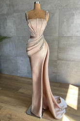 Luxury Sleeveless Crystal Ruffles Champagne Mermaid Evening Dresses