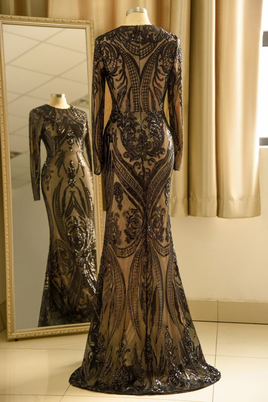 Elegant Jewel Sequined Mermaid Prom Dress Long Sleeves Appliques Party Dress