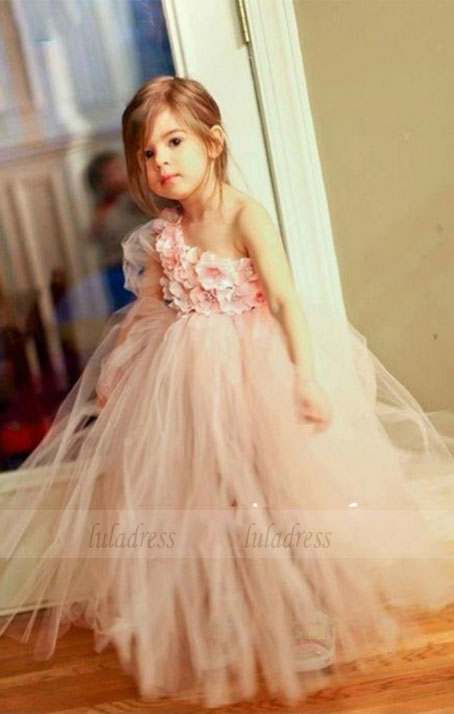 New fashion Cute Pink one shoulder ball gown flower girl dress puffy t luladress New fashion Cute Pink one shoulder ball gown flower girl dress puffy t luladress