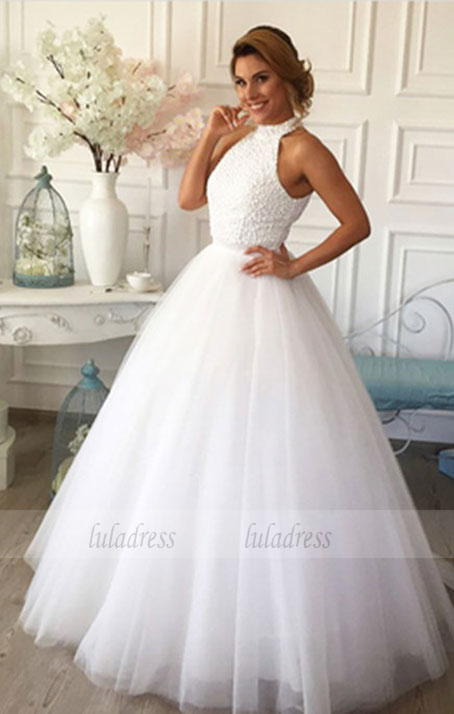 Halter Beaded Ball Gown Floor-Length White Wedding Dress Featuring Key Halter Beaded Ball Gown Floor-Length White Wedding Dress Featuring Key