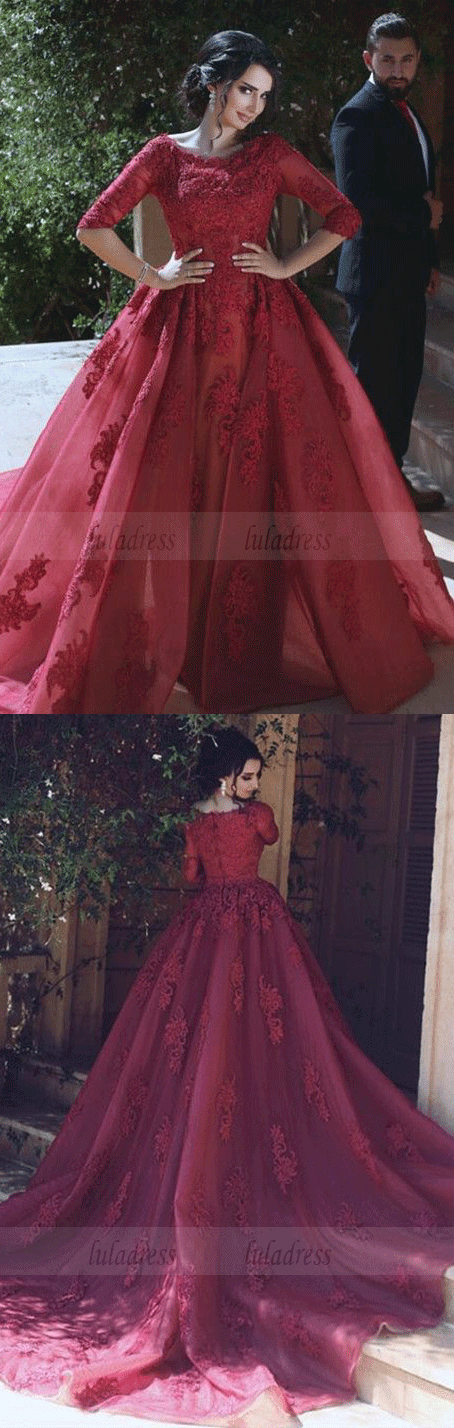 Burgundy Prom Dresses Lace Appliques,Tulle Evening Gowns With Sleeves,Elegant Formal Dress