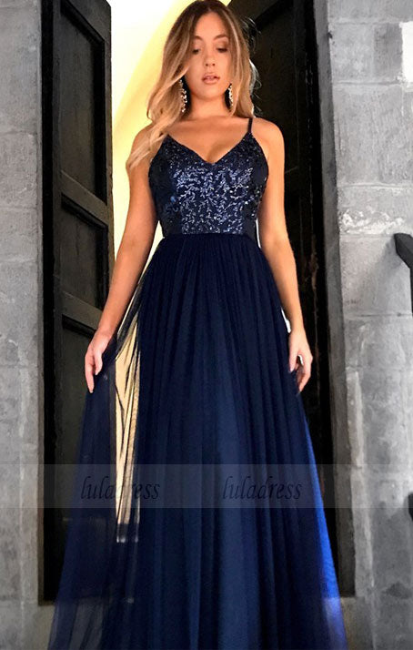 Charming V Neckline Open Back Prom Dress, Sexy Spaghetti Straps Long Prom Dresses