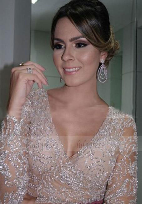 V-neck Beading Long Formal Prom Dresses with Pockets