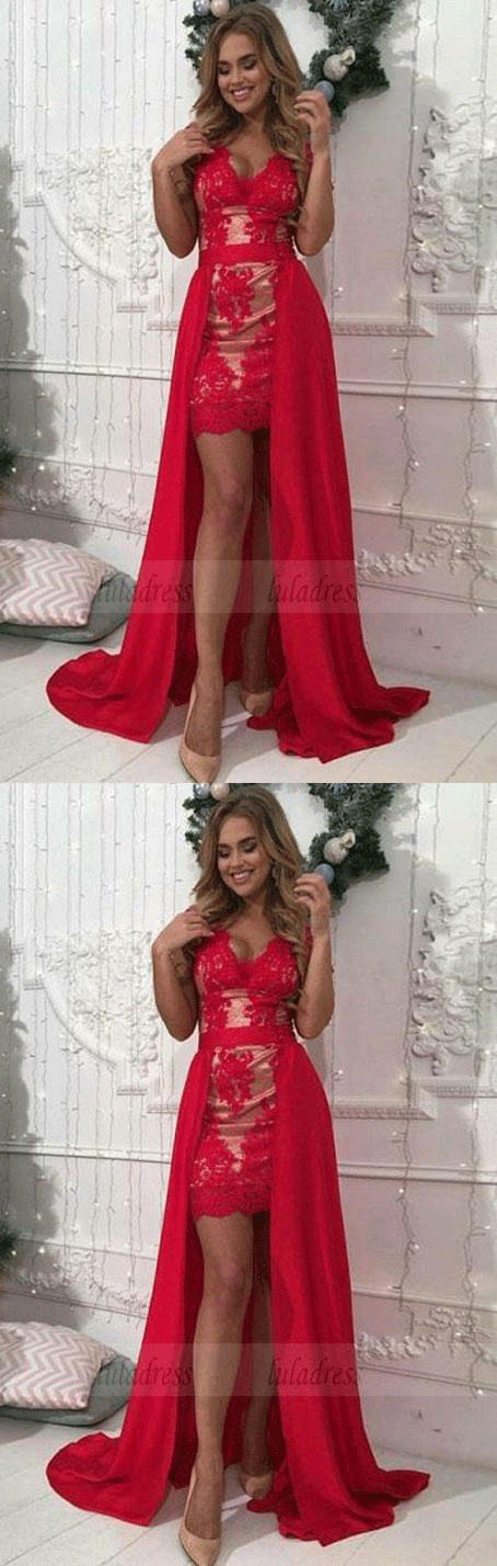 A Line Scoop Lace Red Evening Dresses with Appliques