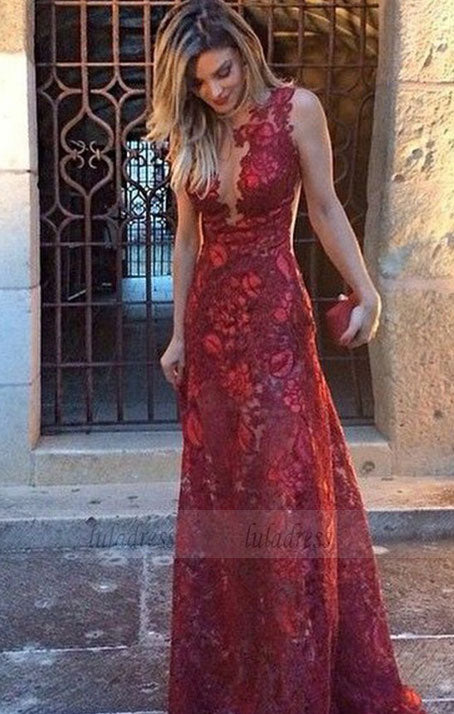 Mermaid Deep V-Neck Sweep Train Dark Red Lace Sleeveless Prom Dress luladress Mermaid Deep V-Neck Sweep Train Dark Red Lace Sleeveless Prom Dress luladress