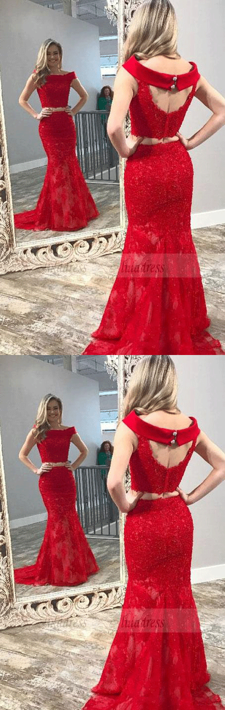 Two Piece Off-the-Shoulder Open Back Red Lace Prom Dress with Beading