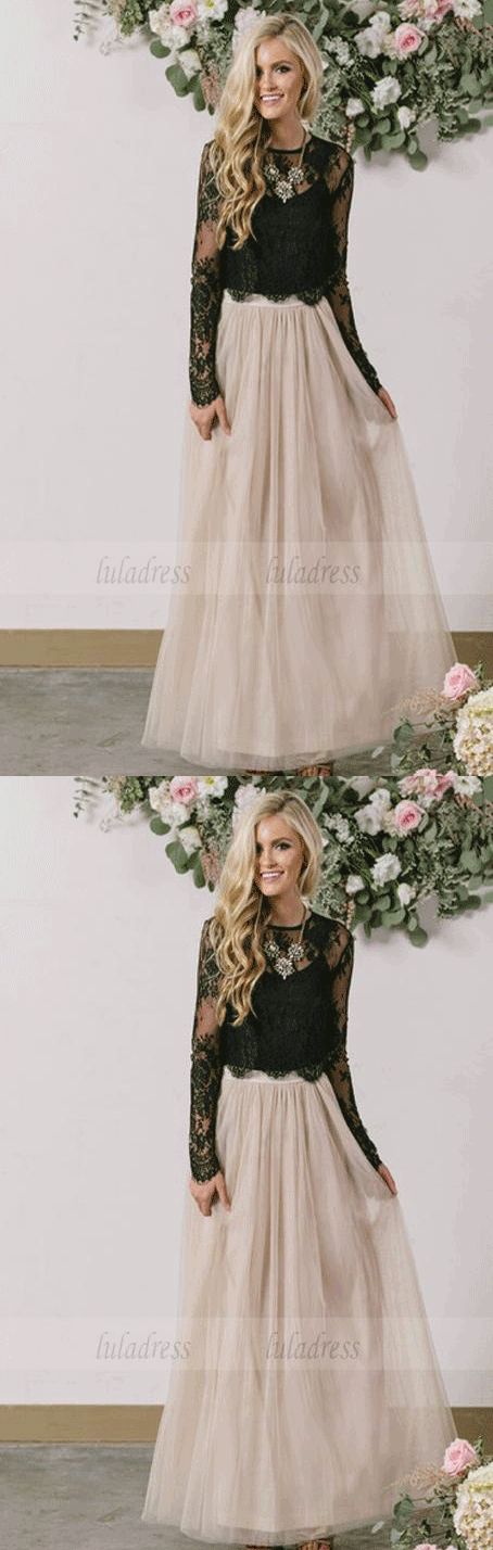 Two Pieces Party Dresses Lace Tulle Evening Dresses Floor Length Formal Gowns