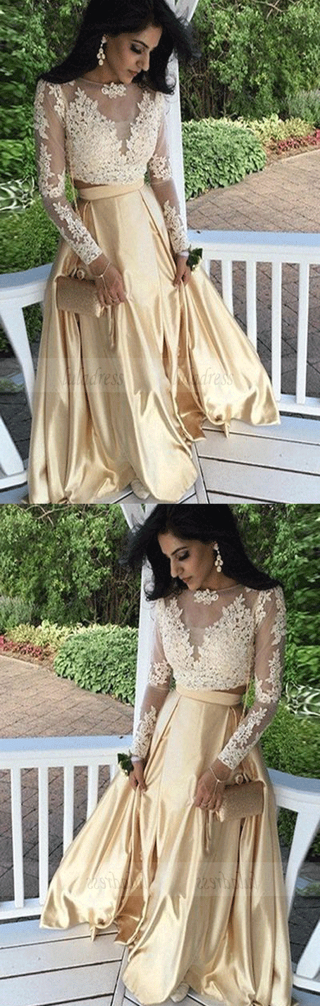 Lace Top Prom Dress,A-line Formal Dress,Prom Dresses with Long Sleeves