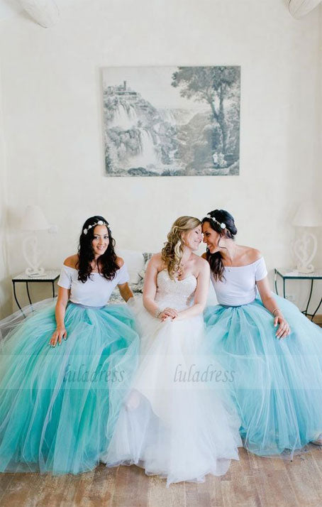 Robes de demoiselle d'honneur deux pièces, Robes de demoiselle d'honneur en tulle turquoise, Robes de demoiselle d'honneur élégantes, BD98129