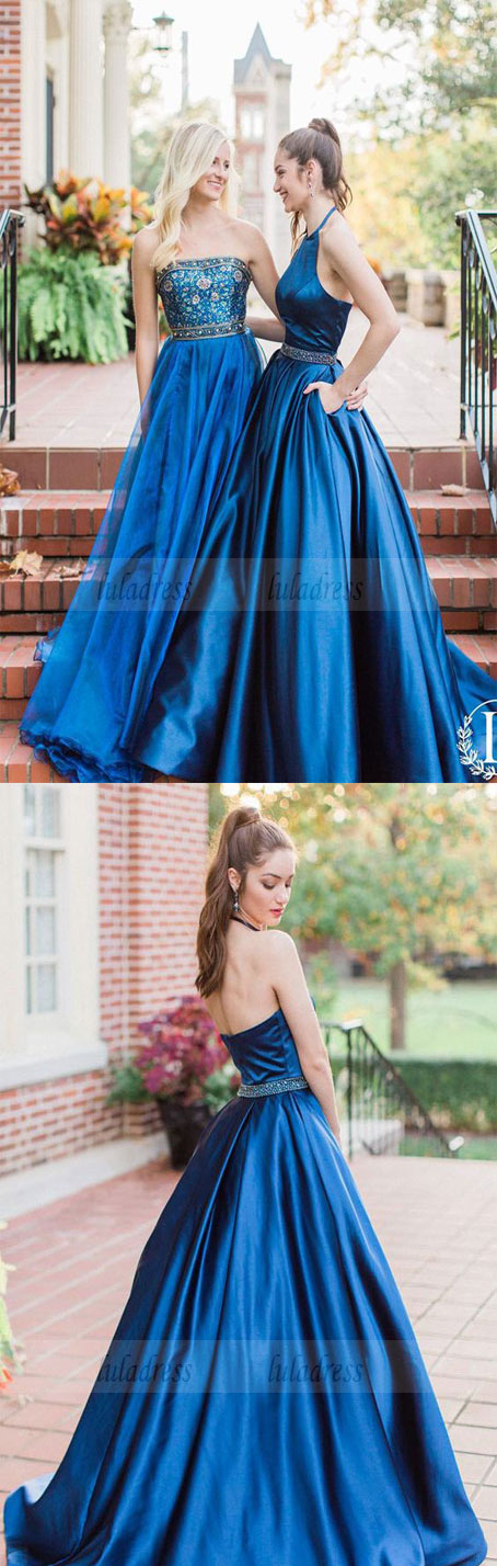 halter navy blue long prom dress,party dress,prom dress with pockets