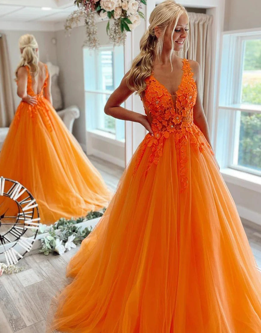 A-Line Deep V-neck Tulle Orange Prom Dresses