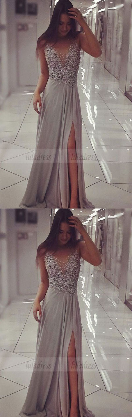 Unique Prom Dress,Chiffon Sparkly Beaded Prom Dress with Slit,Sexy Long Formal Dresses