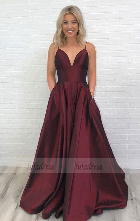 Charming Burgundy V-Neck Long Prom Dress with Pockets,Backless Evening – luladress