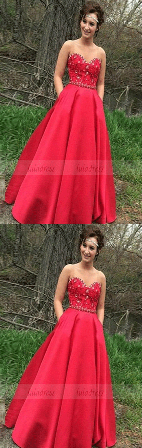 Satin Prom Dresses, Red A Line Prom Dress