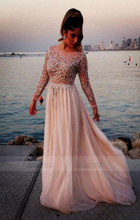 A-line Chiffon Bateau Long Sleeves Beading Floor-length Prom Dresses luladress A-line Chiffon Bateau Long Sleeves Beading Floor-length Prom Dresses luladress