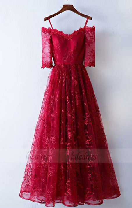 Off-the-Shoulder Floor-Length Half Sleeves Dark Red A-Line Lace Prom Dress