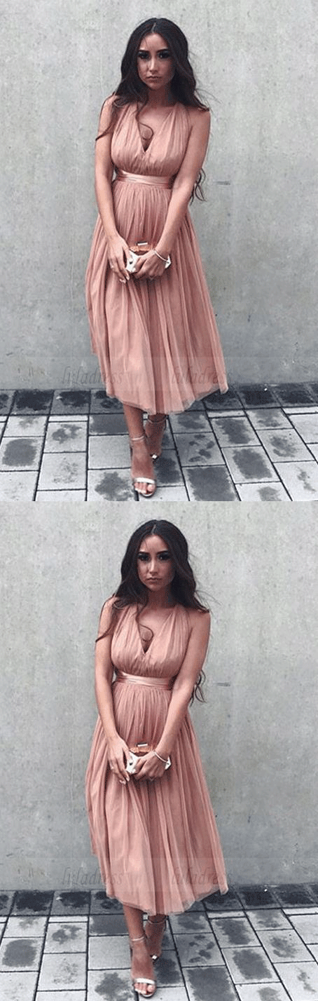 A-Line V-Neck Prom Dress, Criss-Cross Straps Tulle Prom Dress