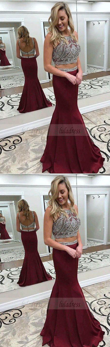 Two Piece Crew Backless Sweep Train Burgundy Prom Dress with Beading