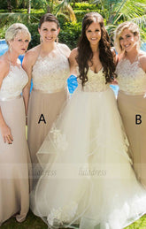 Sheath Halter Sweep Train Bridesmaid Dress with Appliques