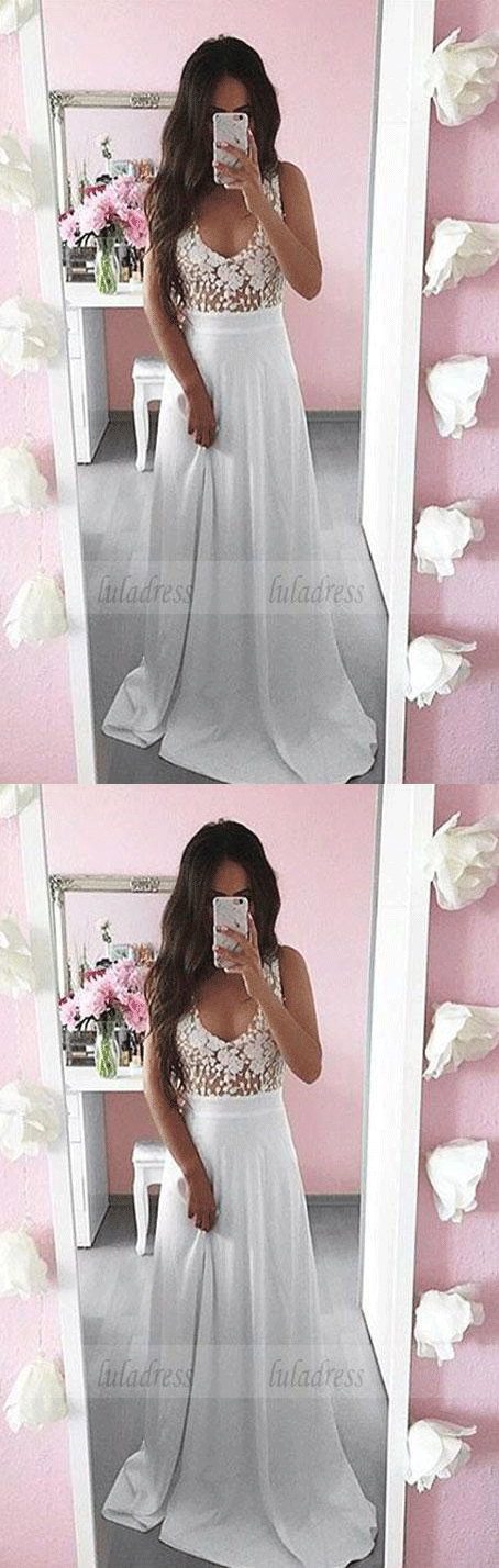 simple white deep v neck long prom dresses, modest a line party dresses with lace