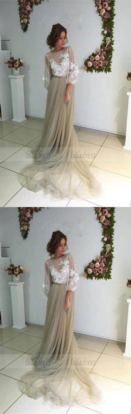 Prom Dresses,Modest Elegant Long Sleeve Appliques Evening Dress Tulle New Back Design Prom Dress