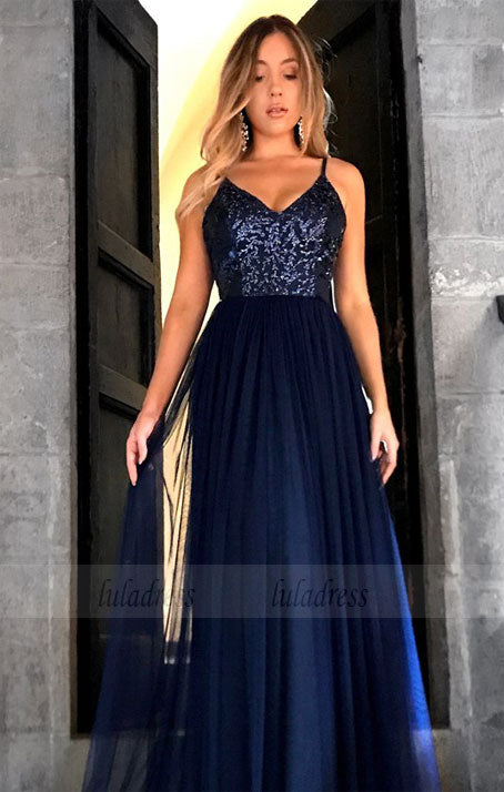 Charming V Neckline Open Back Prom Dress, Sexy Spaghetti Straps Long Prom Dresses
