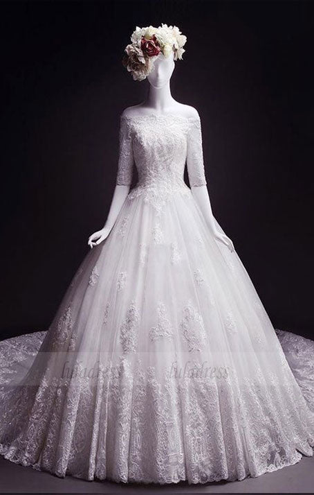 off shoulder half sleeve wedding dress Boho Lace A-line Half Sleeves Off-the-Shoulder Beach Wedding Dresses, MW630