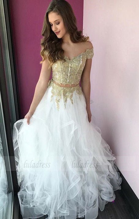 Princess Off the Shoulder Two Piece Gold and White Tulle Long Party Dress